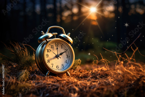 Clocks against an autumn backdrop symbolizing the transition to winter time in the USA on November 5th