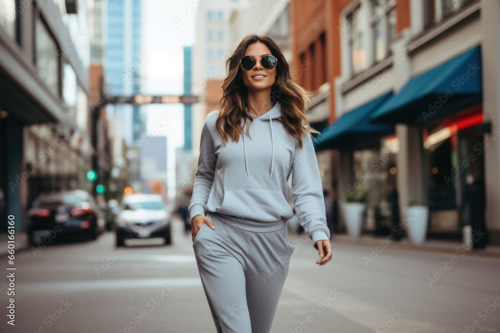 A young woman exuding confidence as she walks down a city street in athleisure fashion, effortlessly combining style and comfort