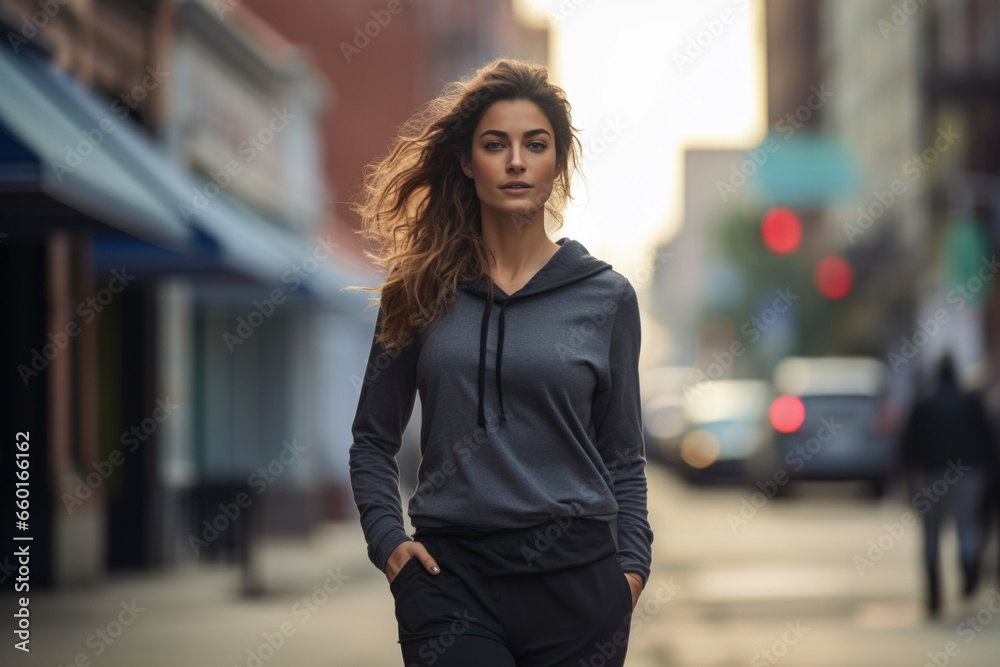 A young woman exudes confidence and style while striding down a city street in athleisure attire, effortlessly blending fashion and comfort