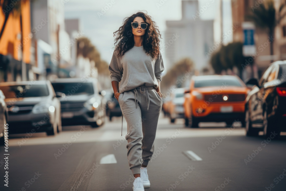 A stylish young woman confidently strolling through a city street in athleisure wear, blending fashion and ease seamlessly - obrazy, fototapety, plakaty 