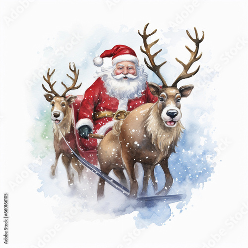 Santa Claus on his sleigh with reindeer water color christmas clipart 