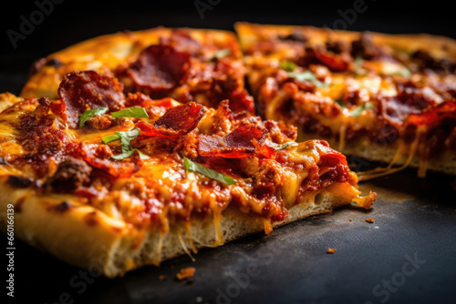 A mouthwatering close-up of St. Louis-style pizza  revealing its yeast-free  cracker-thin crust and exquisite blend of savory toppings