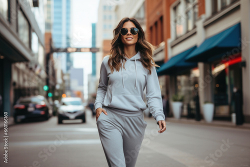 A young woman exuding confidence as she walks down a city street in athleisure fashion, effortlessly combining style and comfort © Konstiantyn Zapylaie