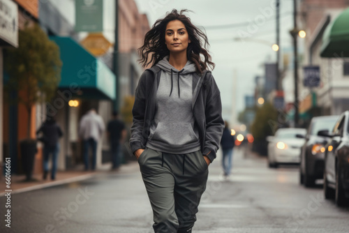 A stylish young woman confidently strolling through a city street in athleisure wear, blending fashion and ease seamlessly