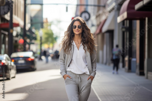 A young woman confidently walks through a city street in athleisure fashion, epitomizing the perfect blend of style and comfort in urban life