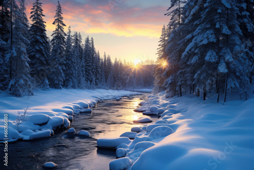 Illustration of winter landscape with snow-covered banks and trees and setting sun photo