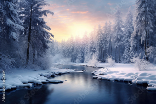 Winter atmosphere illustration. River with banks covered with snow and fir trees covered with snow © Konstiantyn Zapylaie