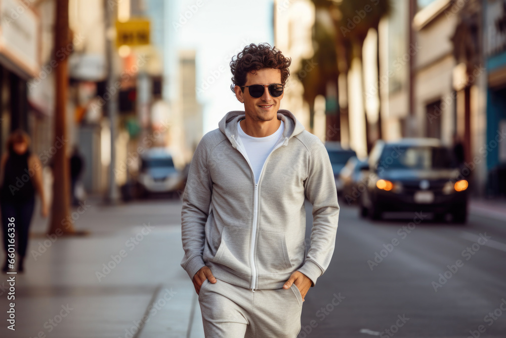 Young man wearing sunglasses in comfortable sportswear on a city street
