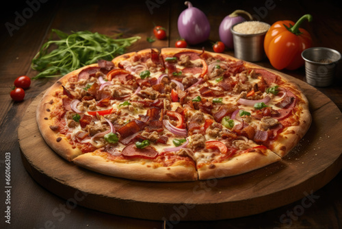 An enticing display of St. Louis-style pizza ingredients, showcasing bacon, sausage, onions, and bell peppers elegantly arranged on a thin, crispy crust, promising a mouthwatering culinary delight