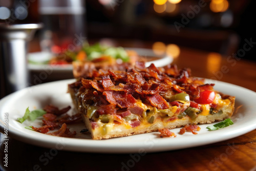 Delve into the St. Louis-style pizza experience, with its wafer-thin, crispy crust resembling crackers, generously garnished with succulent portions of bacon, sausage, onions, and bell peppers