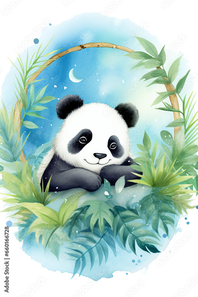 an illustration of a panda in leafy green forest - Generative AI
