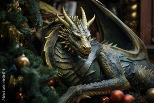 A green dragon, the symbol of the Year of the Green Dragon, sits surrounded by Christmas and New Year's decorations. The dragon is a symbol of good luck and prosperity © Konstiantyn Zapylaie