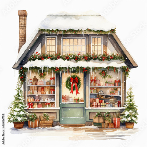 watercolour christmas store front clipart 