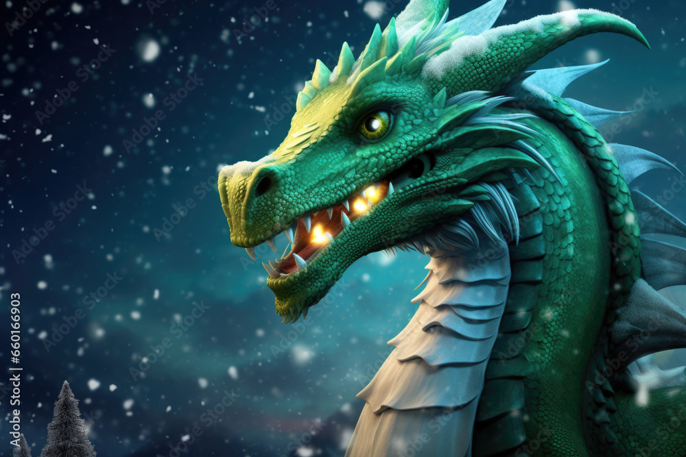 A stunning photo of a green dragon against a backdrop of stars and snow. The dragon is a symbol of power and strength, and it is a reminder that anything is possible in the new year