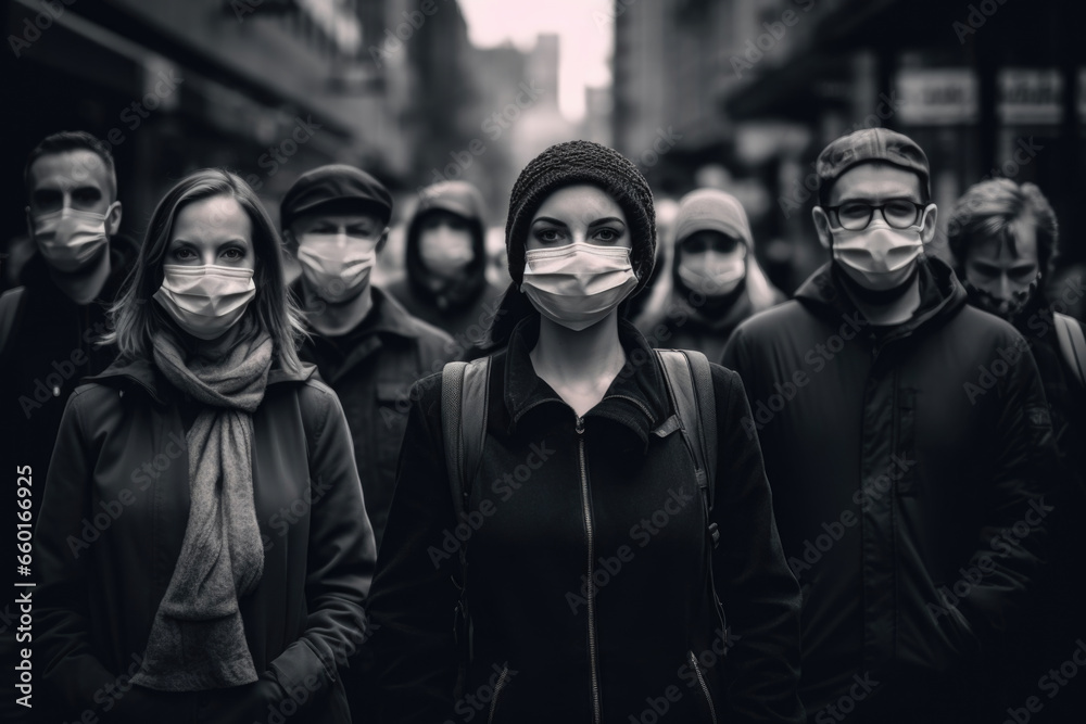 A crowd of people of different nationalities wearing face masks walk down a city street. The image is a powerful reminder of the global pandemic of COVID-19