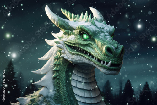 A magical scene of a green dragon against a backdrop of stars and snow. The dragon is a symbol of hope and new beginnings for the new year