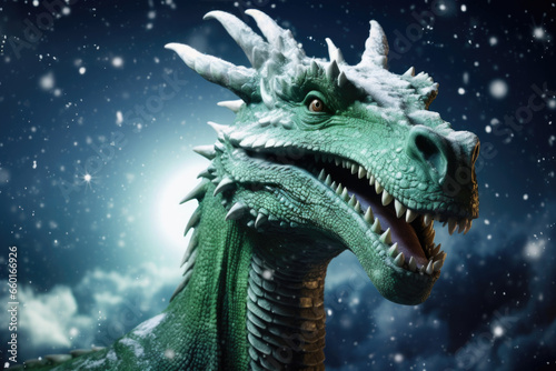 A stunning photo of a green dragon against a backdrop of stars and snow. The dragon is a symbol of power and strength  and it is a reminder that anything is possible in the new year