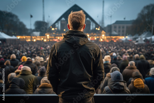 Cancel culture concept. The figure of a man with his back turned against the backdrop of many people turning away from him