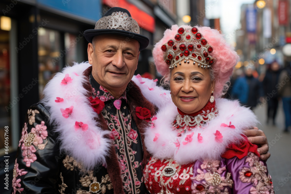 An elderly couple in bright outfits in Chinese traditions on the city streets
