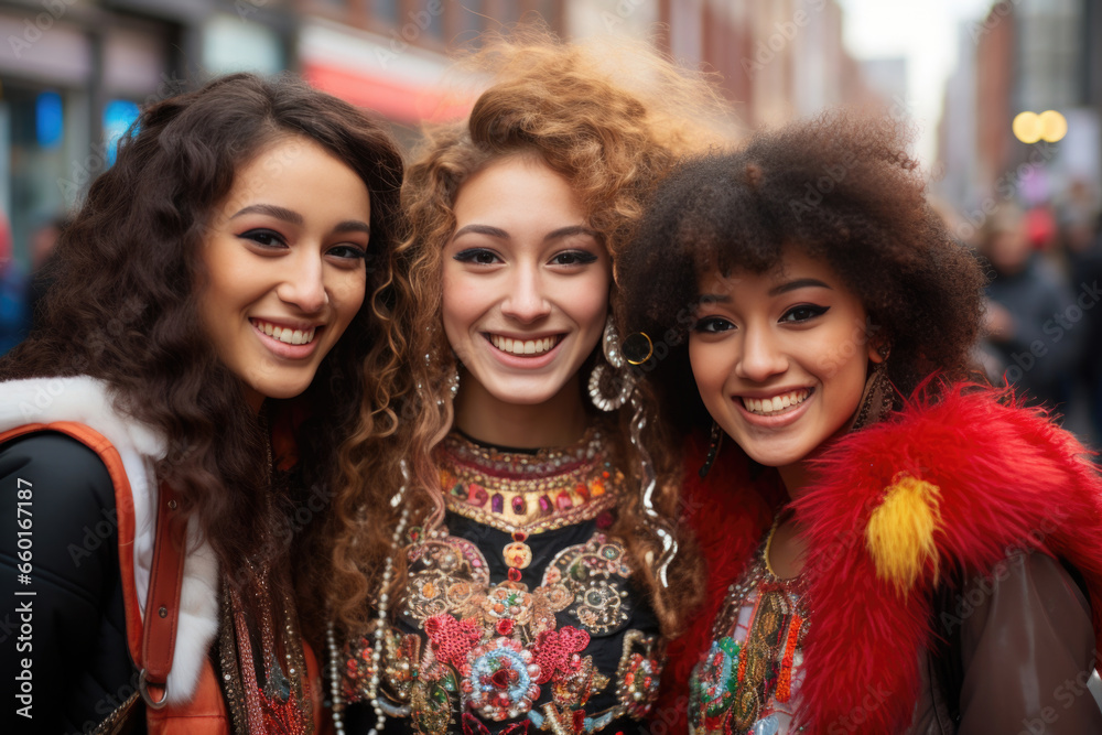 Three smiling girls of Asian appearance in national costumes on a city street celebrating Chinese New Year