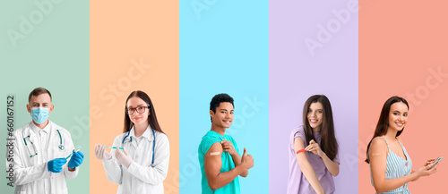 Set of people after vaccination and doctors on color background photo