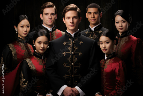 Portrait of an Asian family of young men and women on a dark background in formal red and black suits