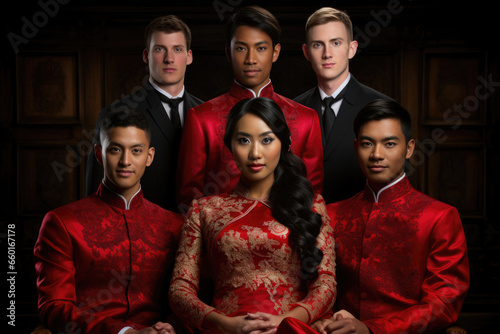 Portrait of an Asian family of young men and women on a dark background in formal red and black suits