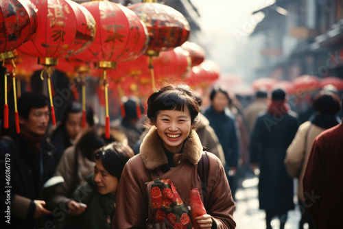 A girl of Chinese ethnicity laughs and looks at the camera on a city street decorated with Chinese lanterns before the Chinese New Year.