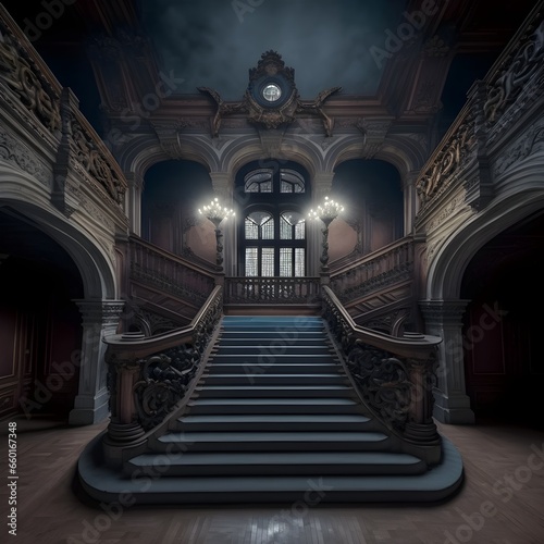 An ornate Gothic wrought iron grand staircase in an abandoned Transilvanian palace High resolution Highly detailed Octane render Dark render photography Cinematic lighting Art Nouveau Unreal Engine  © James