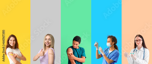 Set of people after vaccination and doctors on color background