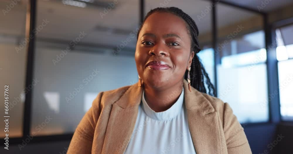Video call, online meeting and business woman in office for legal webinar, conference or workshop. Happy, professional and African female attorney on virtual discussion for law project in workplace. Video call, online meeting and business woman in office for legal webinar, conference or workshop. Happy, professional and African female attorney on virtual discussion for law project in workplace.