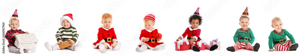 Set of funny babies in Christmas costumes on white background Set of funny babies in Christmas costumes on white background