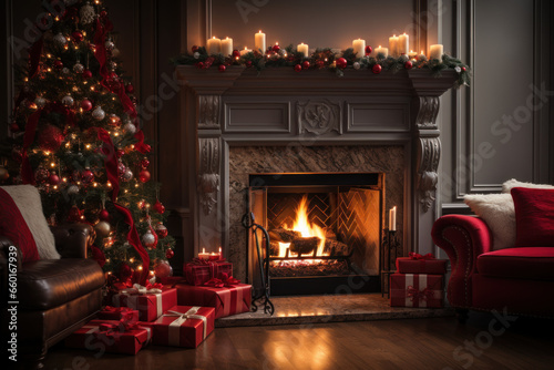fireplace with red Christmas stockings