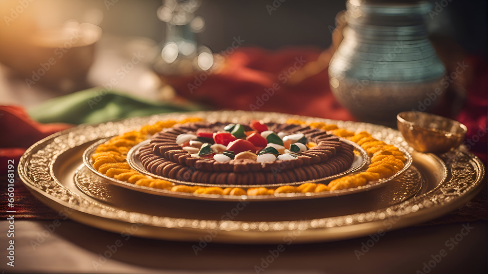 Chocolate cake with candies on a golden plate. Selective focus.