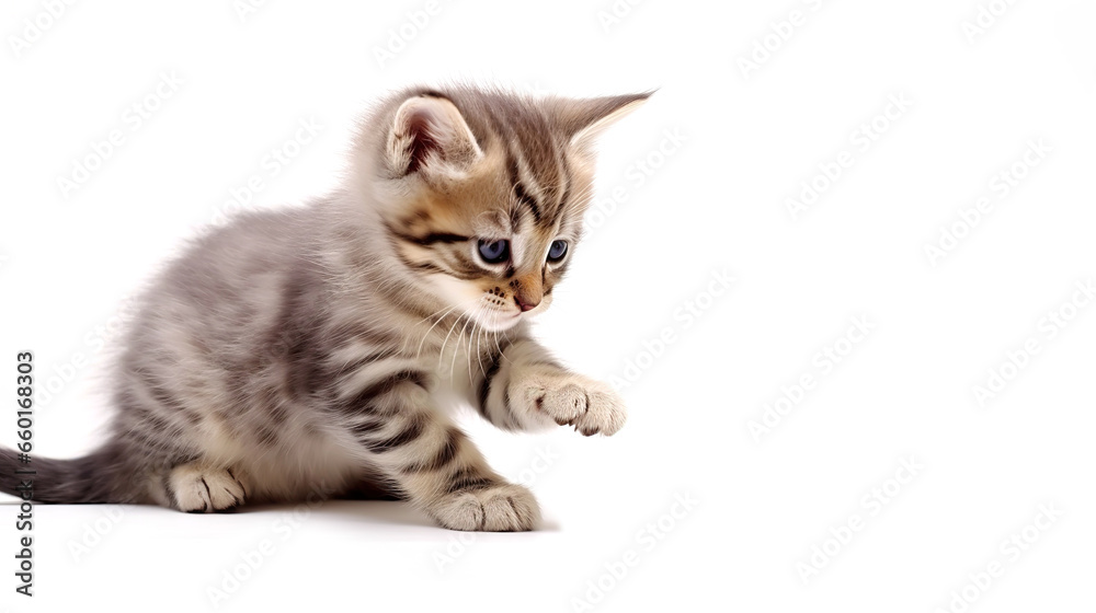 Cute little striped kitten isolated on white background. Studio shot. Gray playful kitten with a place for advertising, text.