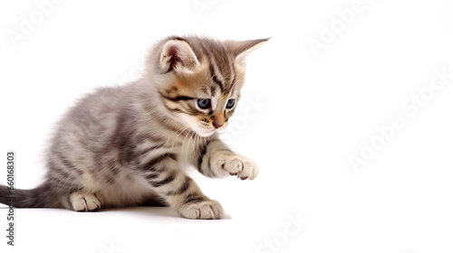 Cute little striped kitten isolated on white background. Studio shot. Gray playful kitten with a place for advertising, text.