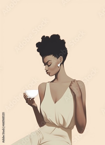 black woman drinking coffee, pattern in pastel colors, simple, minimal