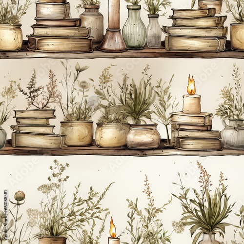 books and candles, whimsical illustration, watercolor, seamless wallpaper, cozy, neutral color