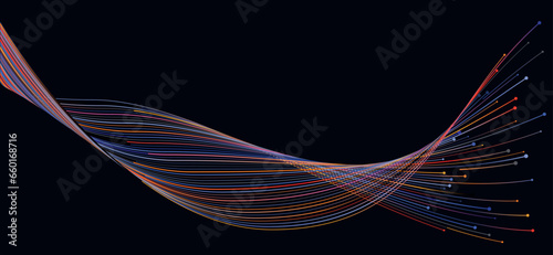 Vibrant multi-colored vector light lines flow dynamically in an abstract wave on a black background, representing the essence of AI technology, digital advancement, communication, 5G, science