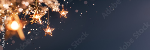 Shining Christmas stars with glittering on dark blue background with copy space. Christmas banner design. 3D Rendering, 3D Illustration