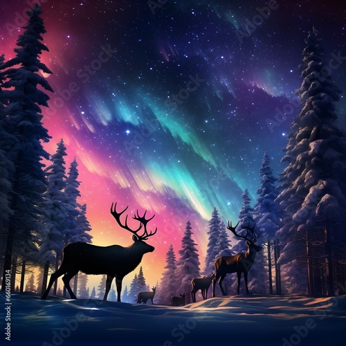 Create a scenic Northern Night scene where ethereal Northern Lights gracefully illuminate the night sky over a tranquil landscape. In this peaceful environment, a harmonious view is revealed: a herd o © client