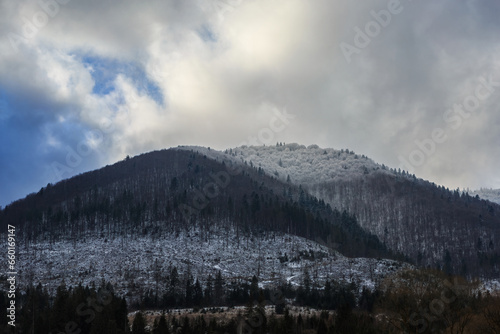 Winter mountains and cloudy sky. Carpathians