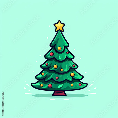 Christmas tree. Cartoon style. Isolated on green background.