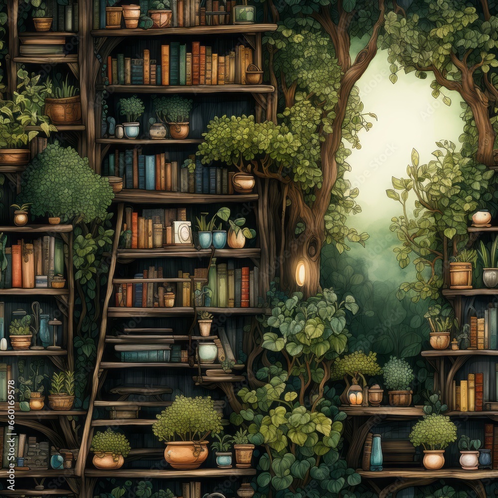 charming library, seamless wallpaper, whimsical illustration, watercolor, cozy