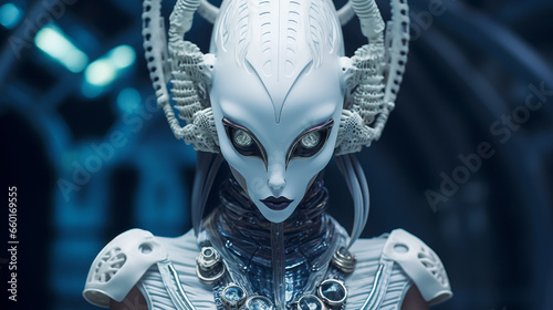 Extraterrestrial alien Queen with glowing eyes standing in a futuristic spaceship. photo