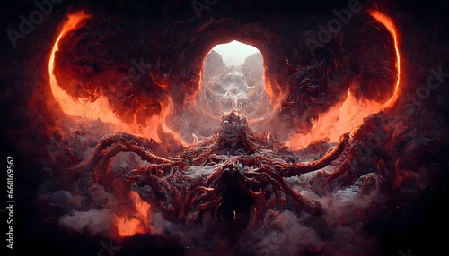 demon balrog abyssal entity rendered in unreal engine octane Render central composition cinematic symmetrical composition Panavision  photo