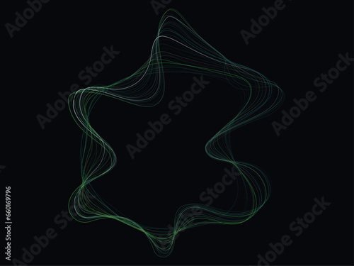 An abstract 3D sphere with flowing light lines in a blue-green gradient on a black background, a vector symbolizing the realms of AI technology, science, music, and modernity.