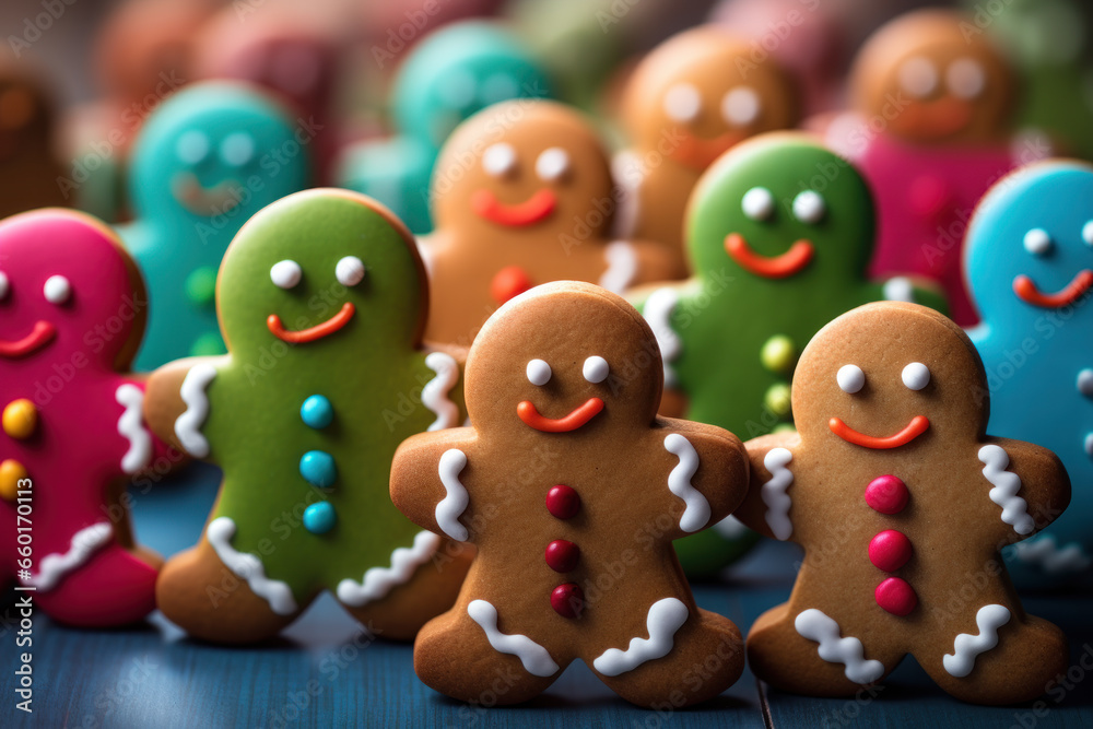small gingerbread cookies decorated to look like happy people in different colors small gingerbread cookies decorated to look like happy people in different colors