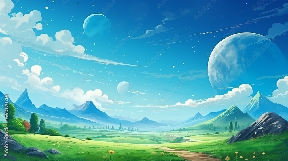 Beautiful green landscape with blue sky on an alien planet