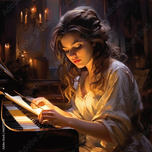 Girl writes music at the piano